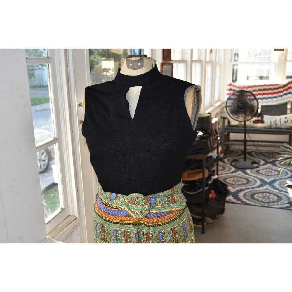70s Maxi Dress Geometric Print Boho Keyhole Hippie Choker Neck Sleeveless Medium